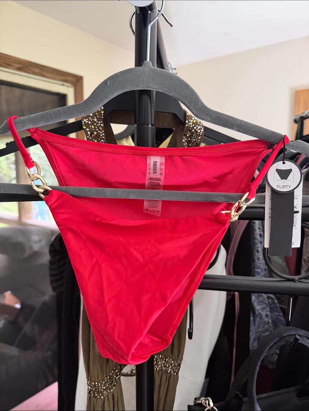 Steve Madden Red High-Cut Bikini Bottom with Gold Rings